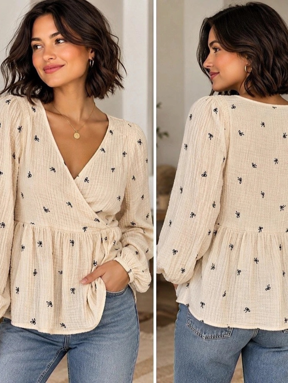 Madewell Lightspun Peplum Wrap Top in Tiny Bows Cream & Black Small
